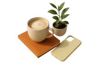 Cozy morning scene with a steaming cup of coffee on an orange book next to a small potted plant and a smartphone isolated on transparent background