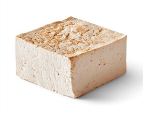 Single block of firm tofu, light beige color with subtle tan speckles,  cube shape, isolated on white background