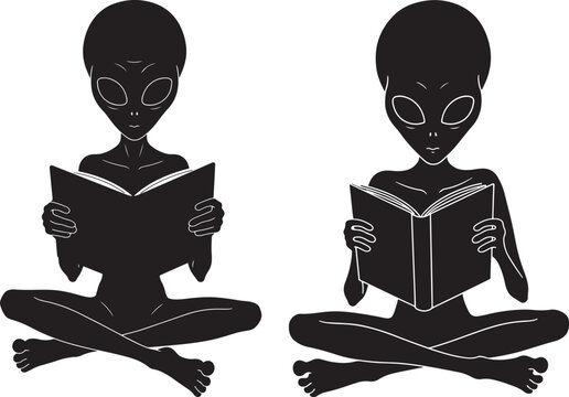 Two aliens reading books sitting in a lotus position silhouette