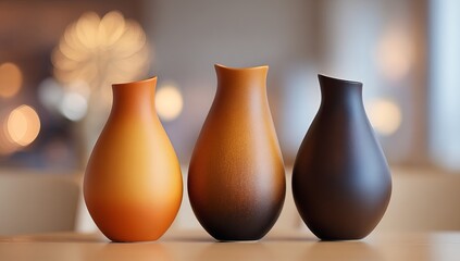 Three vases, one with gradient colors from orange to black at the top and bottom, another in dark gray on both sides, the third is white at the base, placed side by side on an empty table surface.