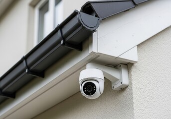 A detailed view of a security camera mounted under a roof eave, showcasing surveillance equipment. The scene focuses on home security and outdoor surveillance