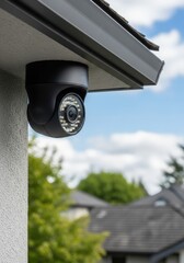A surveillance camera discreetly mounted under the eaves of a house, its lens pointed towards the surroundings. The camera is black and modern, blending with the structure. A perfect security.
