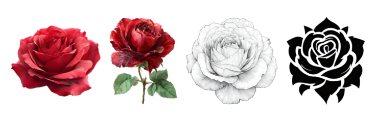Rose Flower Collection on Transparent Background A Set of Four Rose Images in Different Styles Including Color Photo, Edited Photo, Line Art, and Silhouette