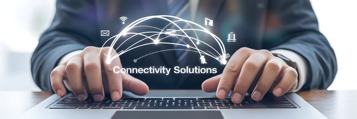 Connectivity Solutions: a close-up of a professional hands working on a laptop with a network globe overlay, a visual metaphor for global connectivity and digital solutions.