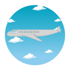 Commercial jet aircraft on a journey through the blue cloudy sky