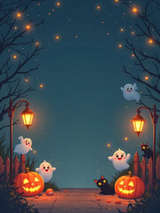 Whimsical Halloween Poster with Cute Ghosts, Pumpkins, and Festive Night Scene