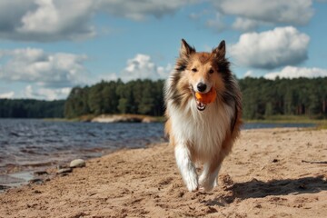 A fluffy collie dog runs along a sandy beach, holding a bright orange ball.  Sunny day, lake and trees in background