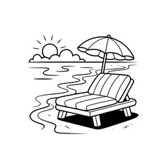 Beach Loungers Under a Parasol at Sunset - Line Art Illustration