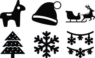 Collection of Christmas Holiday Icon Illustrations Including Santa Hat Sleigh Reindeer Piata Tree Snowflake Bunting in Black Silhouette