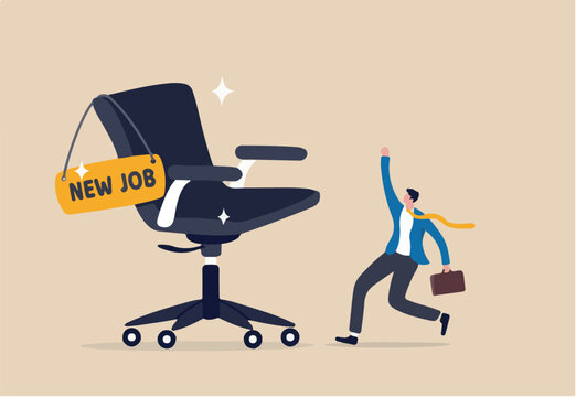 New job offer or new career opportunity, employment and recruitment, promoted to new position or hiring staff for vacancy concept, happy cheerful businessman greeting with his new job office chair.