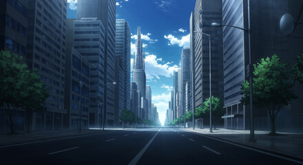 Anime style cityscape view of a long road between tall buildings under a bright blue sky with clouds