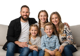 Fototapeta premium A beautiful family portrait showing togetherness and love, with a happy mother, father, and three children smiling on a couch.