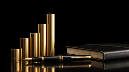 A bar graph made of gold, next to an elegant fountain pen and on the side, set against a black background