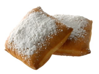 Golden beignets dusted with powdered sugar isolated on a transparent background