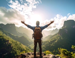 Obraz premium Man with open arms on a mountaintop