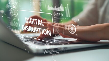 Hands Typing on Laptop with Digital Disruption Graphics Overlay and Data Visualization Elements. Asymptotic smart data analytic.