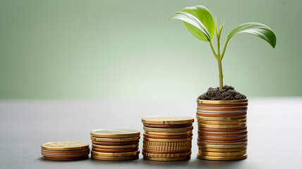 Plant growing on coins stack, financial investment, savings growth