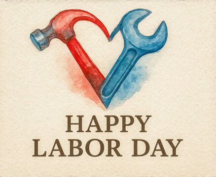 Watercolor-style Labor Day illustration featuring a red hammer and a blue wrench forming the shape of a heart above the words “Happy Labor Day” in bold serif font, symbolizing love, respect