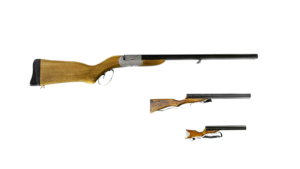 Old traditional black powder rifle Three decorative shotguns with black metal barrels, wooden combs and grips decorated with engravures on a silver colored metallic band. Isolated in transparent backg