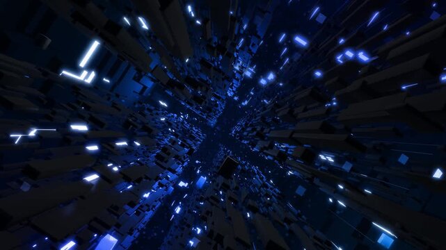 3d looped abstract background with data blocks. Information technology concept with data flow. Blue dark sci fi bg fly through hi tech digital space, neon light. Data flow in blockchain or bigdata. - Powered by Adobe