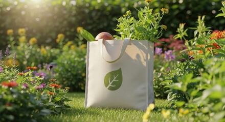 A shopping bag filled with groceries, nestled in a flourishing garden, with a symbol of a green leaf on the bag