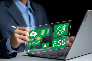 Green Business, Businessman Analyzing Sustainable Investments with Green Icons and Charts, ESG Concept, World Environment Day, ESG Carbon Emissions, Co2 to Net Zero