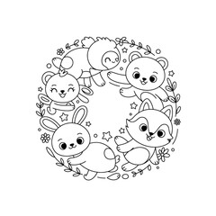 Obraz premium Adorable Animal Circle Cute Cartoon Bears, Rabbit, and Raccoon in a Wreath Design