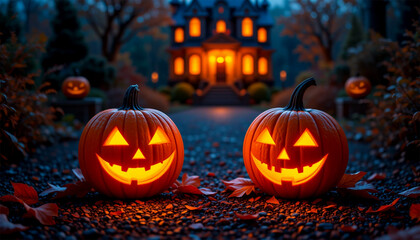 Fototapeta premium Spooky glowing jack-o'-lanterns welcome guests to a haunted mansion on Halloween night