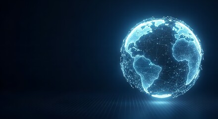 Glowing blue digital sphere with earth map and interconnected data streams against a dark background