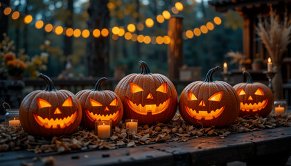 Spooky glowing jack-o'-lanterns set a festive mood with twinkling lights and autumn leaves