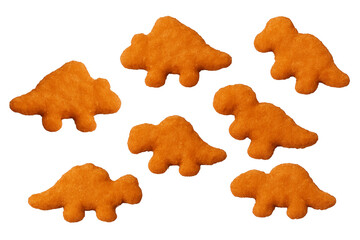 Obraz premium Dinosaur shaped chicken nuggets isolated. Dino chicken nuggets. Fried chicken nuggets transparent isolated