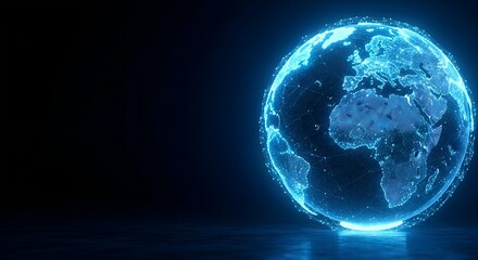 Futuristic glowing blue digital globe with glowing connections and data streams on a dark background