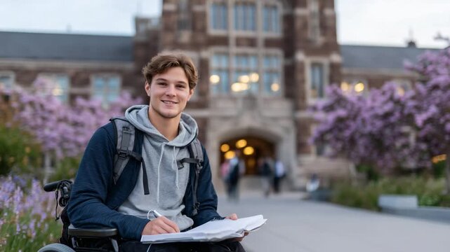 A determined student in a wheelchair navigates a vibrant college campus, exuding positivity and success amidst brick buildings and blooming trees.