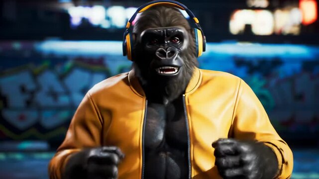 Cool gorilla wearing headphones and a yellow jacket zips up in a vibrant urban setting, capturing a dynamic street style moment