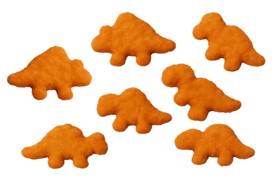 Dinosaur shaped chicken nuggets isolated. Dino chicken nuggets. Fried chicken nuggets transparent isolated
