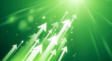 Bright green arrows ascend towards a bright light symbolizing growth progress success and innovation
