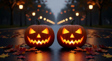 Fototapeta premium Spooky Halloween jack-o'-lanterns glow ominously on a foggy street lined with warm lights
