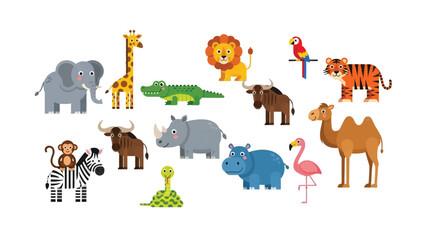 Fototapeta premium Animal Kingdom Iconography: A vibrant collection of wildlife icons showcases a spectrum of diverse creatures, designed with playful illustrative flair.