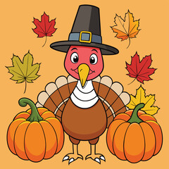 A set of autumn holiday illustrations featuring a cartoon pumpkin with a witch hat and a Thanksgiving turkey with an orange pumpkin and fall leaves