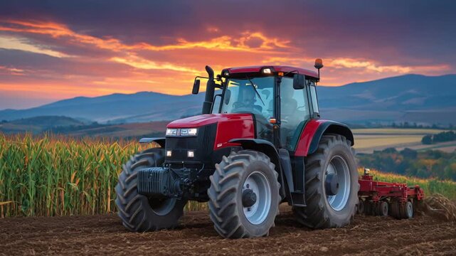 A tractor tills soil between corn rows under a vibrant sunset, with farmland extending into distant rolling hills.