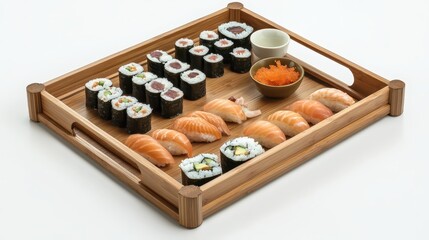 Assorted Sushi Platter with Maki and Nigiri on Wooden Tray