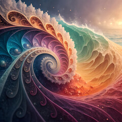 Highly detailed colorful abstract art with layered textures, fractal curves, and organic shapes