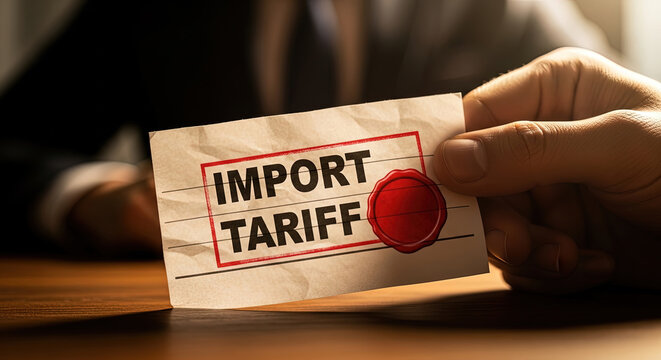 Import Tariff Concept: Hand Holding Document with Red Seal. Global Trade, Economics, and Protectionism. Business and Finance Stock Illustration.