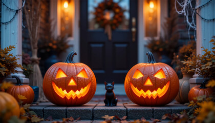 Obraz premium Spooky glowing jack-o'-lanterns flank a tiny black cat on a porch, perfect for Halloween celebrations