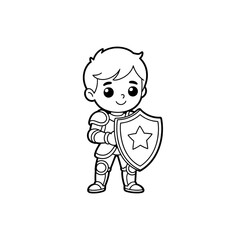 Adorable Cartoon Knight Boy with Shield - Line Art Illustration