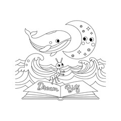 Dream Big Whale, Moon, and Open Book Line Art Illustration