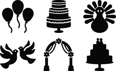 Celebration Icon Set Featuring Balloons Cake Doves Wedding Arch and Turkey Silhouette Illustration for Invitation and Graphics Design
