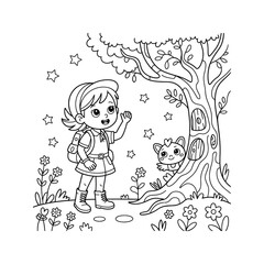Girl Scout Meets Kitten in Enchanted Forest at Night - Line Art Illustration