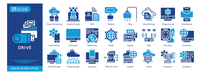 drive icon set collection in solid glyph style. an icon pack contain Cloud Computing, Plug, Programming, Computer, Wifi, Laptop, Computer, Memory, Application, Battery