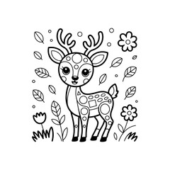 Adorable Line Art Deer in Floral Meadow - Cute Animal Illustration